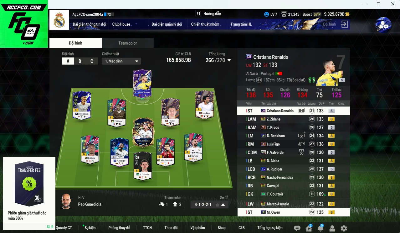 Real Madrid 165.850b dư 9800b có Figo CC, Beckham LN, CR7 CU, Valverde TS24, Zidane BTB, Carvajal BTB, Alaba BTB, Owen LN...